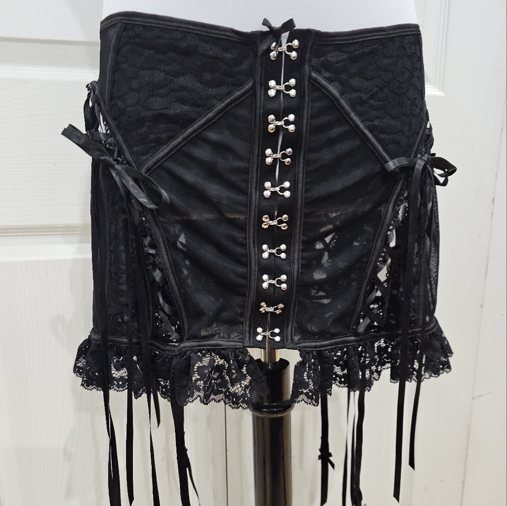 Dolls Kill Current Mood Exotic Desires Garter Mesh Black Lace Skirt Lingerie
